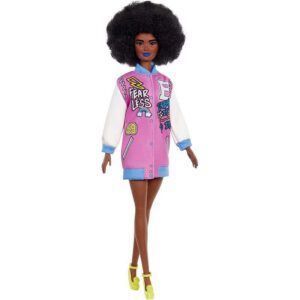Barbiedocka Afro and Blue Lips Wearing Graphic Coat Dress Fashionistas Nr. 156