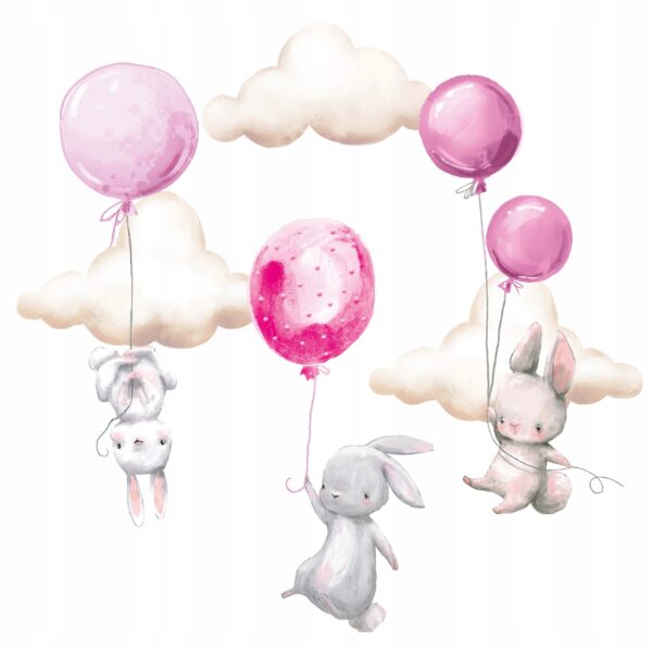 Väggdekal - Kaniner med ballonger och moln / Rosa