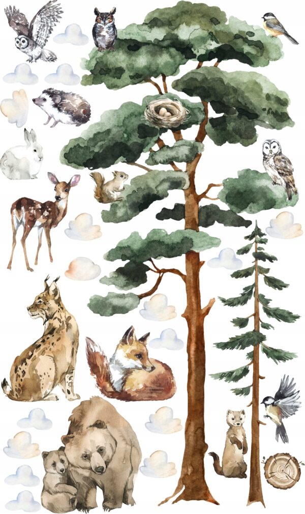Väggdekal - Skogsträd och djur 2